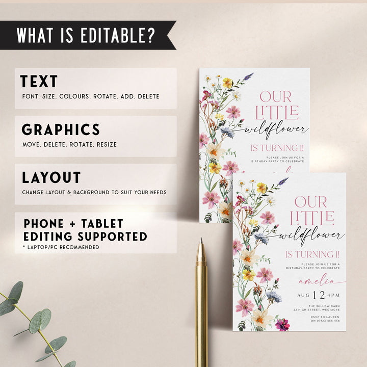 One Little Wildflower Border Invitation
