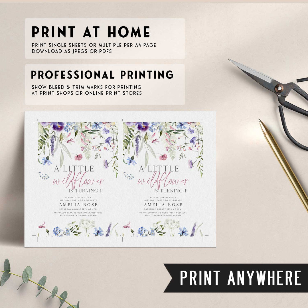 Purple One Little Wildflower Border Invitation