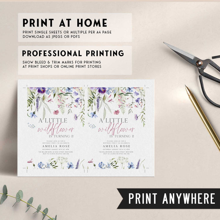 Purple One Little Wildflower Border Invitation