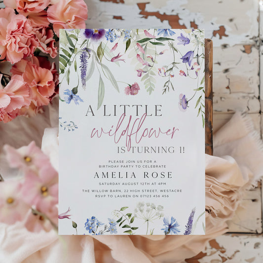 Purple One Little Wildflower Border Invitation