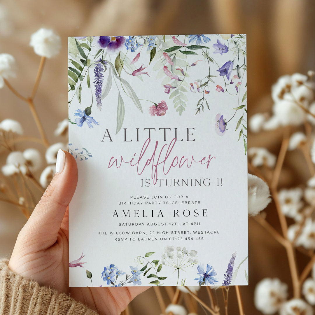 Purple One Little Wildflower Border Invitation
