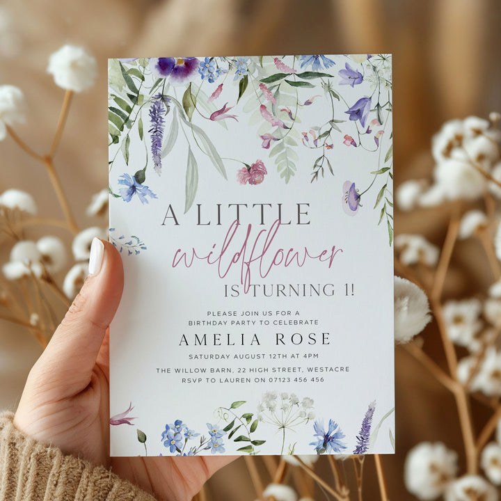 Purple One Little Wildflower Border Invitation