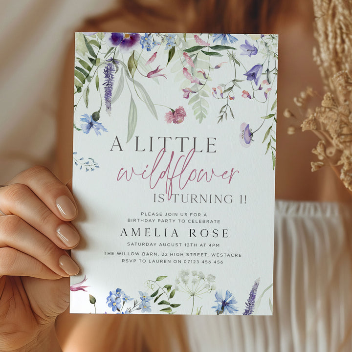 Purple One Little Wildflower Border Invitation