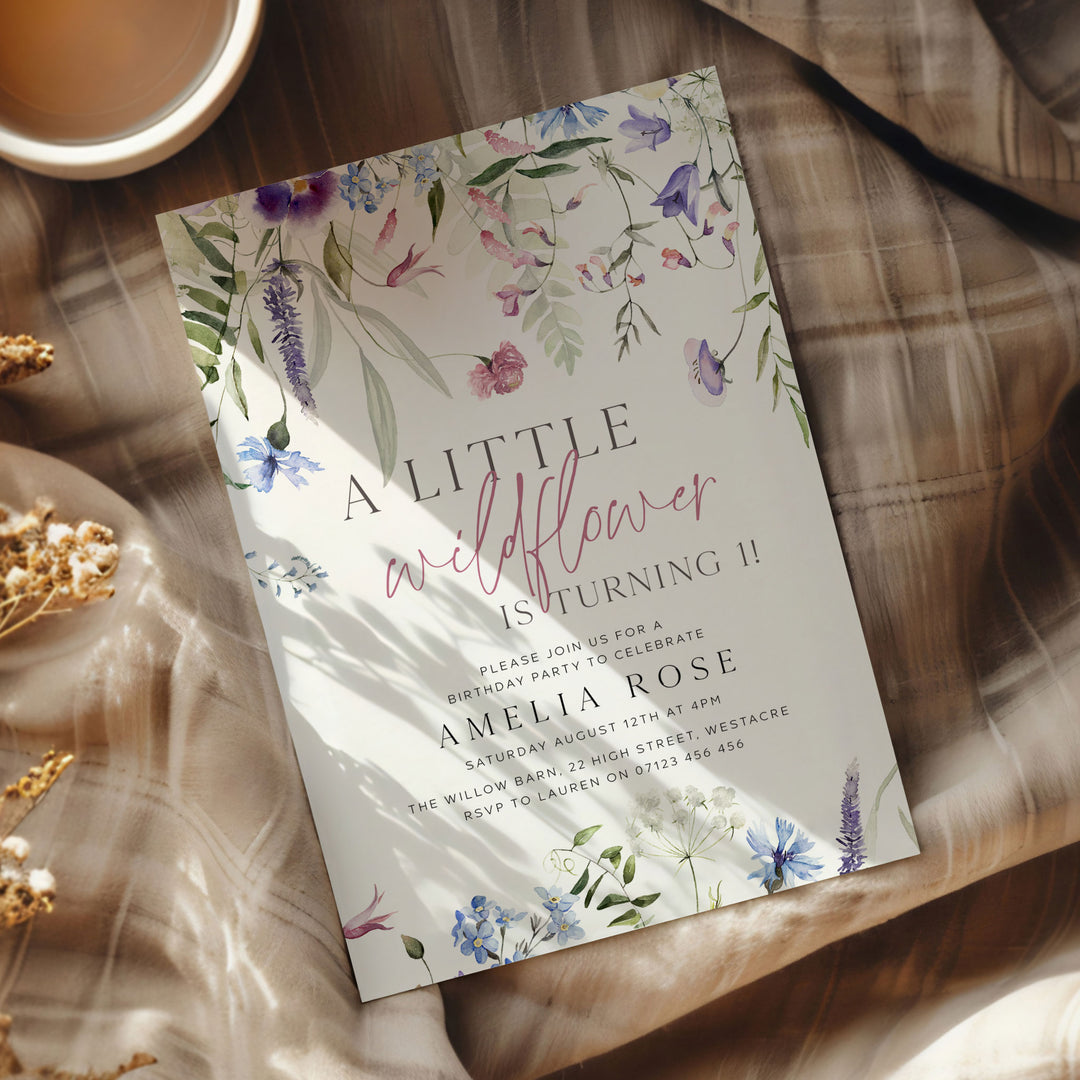 Purple One Little Wildflower Border Invitation