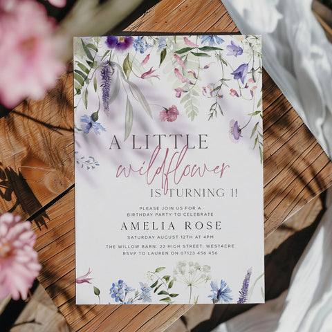 Purple One Little Wildflower Border Invitation