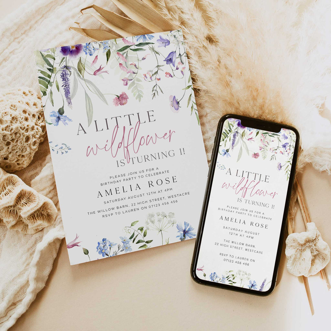 Purple One Little Wildflower Border Invitation