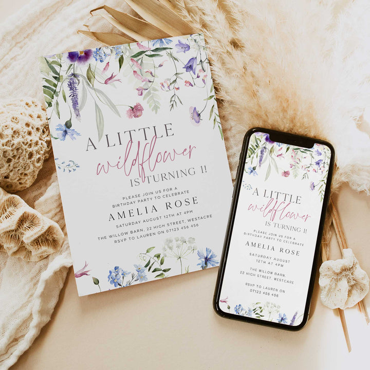 Purple One Little Wildflower Border Invitation