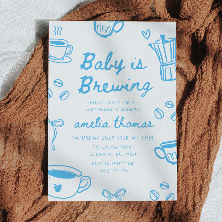 Blue Doodle Style Baby Is Brewing Baby Shower Invitation