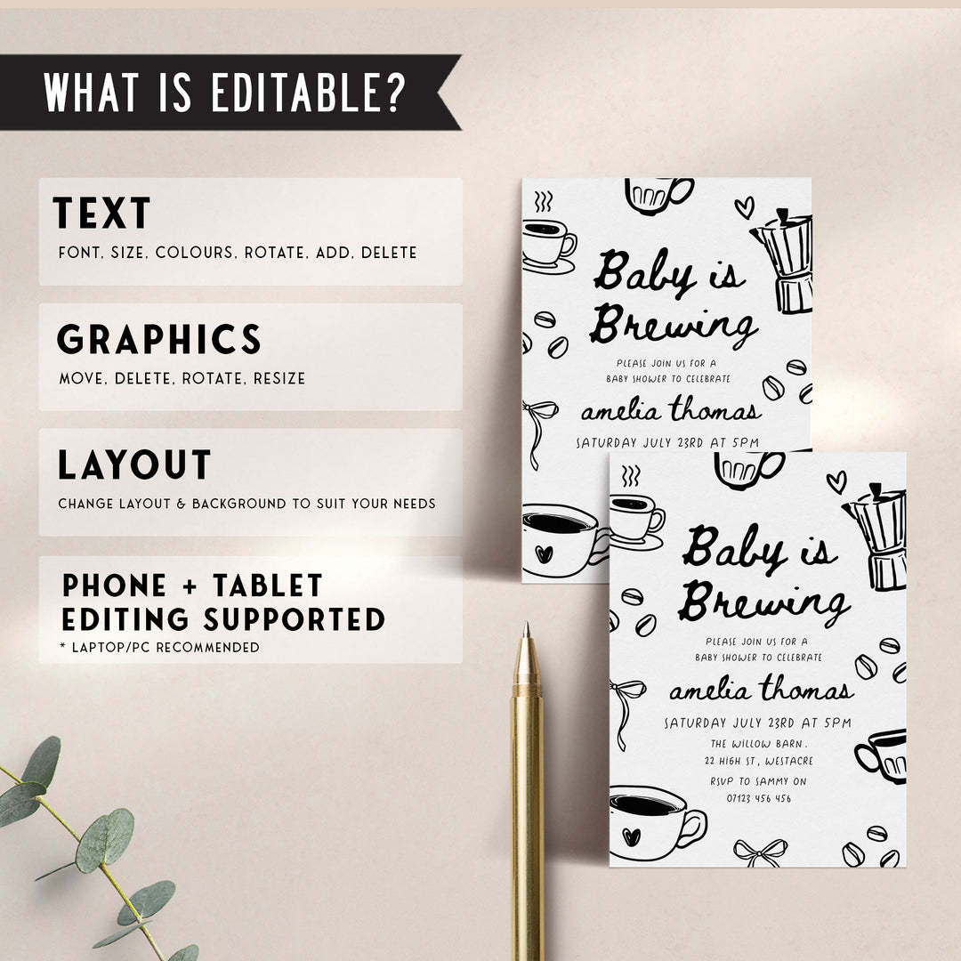 Black Doodle Style Baby Is Brewing Baby Shower Invitation