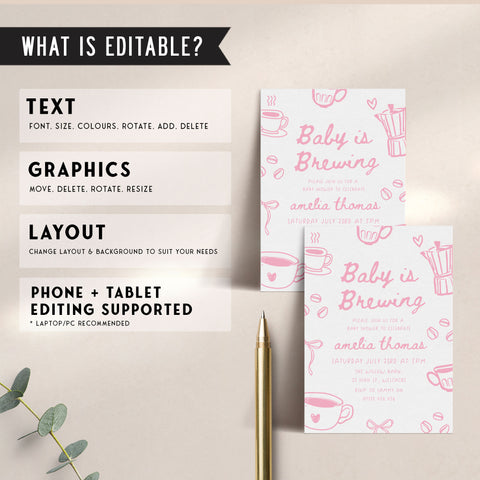 Pink Doodle Style Baby Is Brewing Baby Shower Invitation