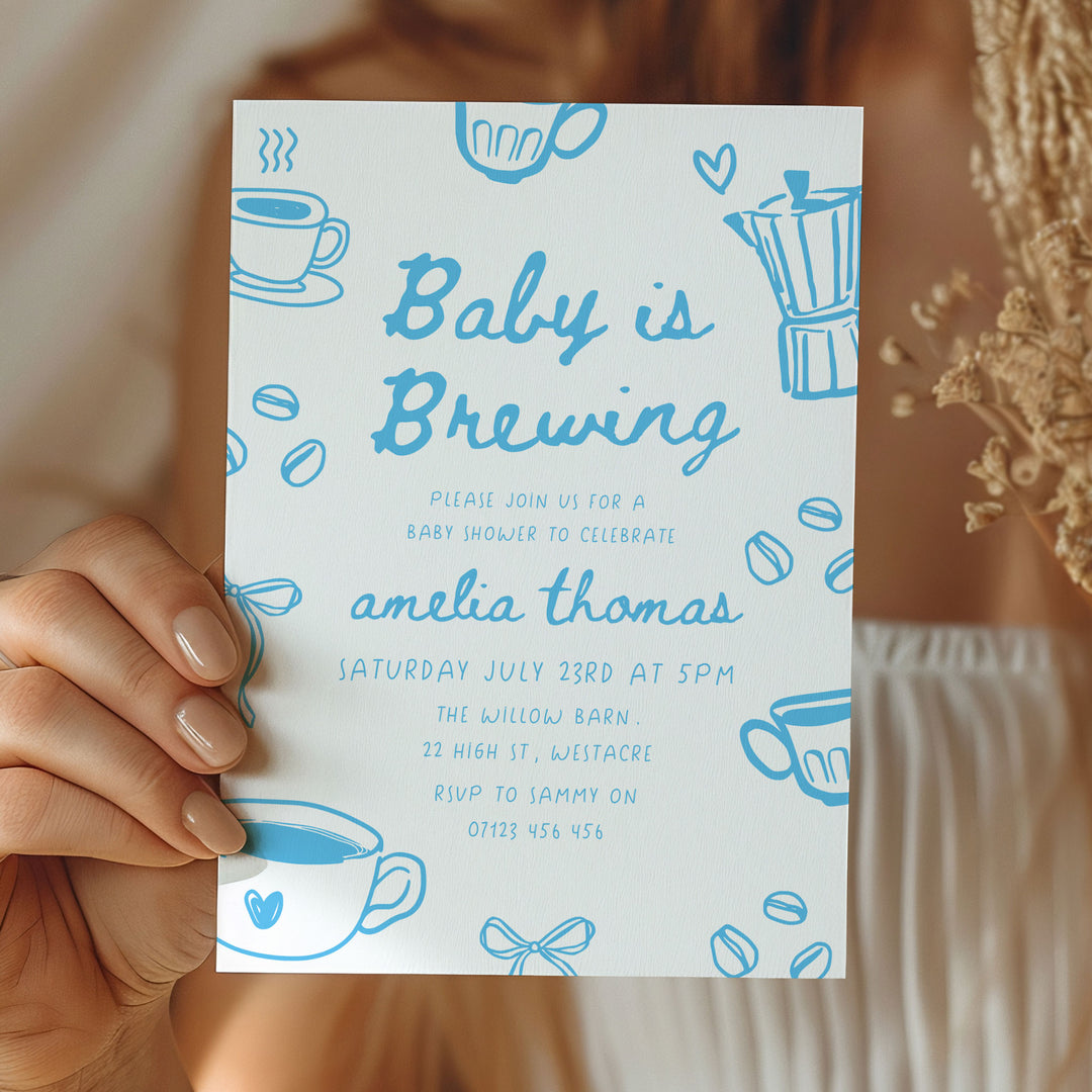 Blue Doodle Style Baby Is Brewing Baby Shower Invitation