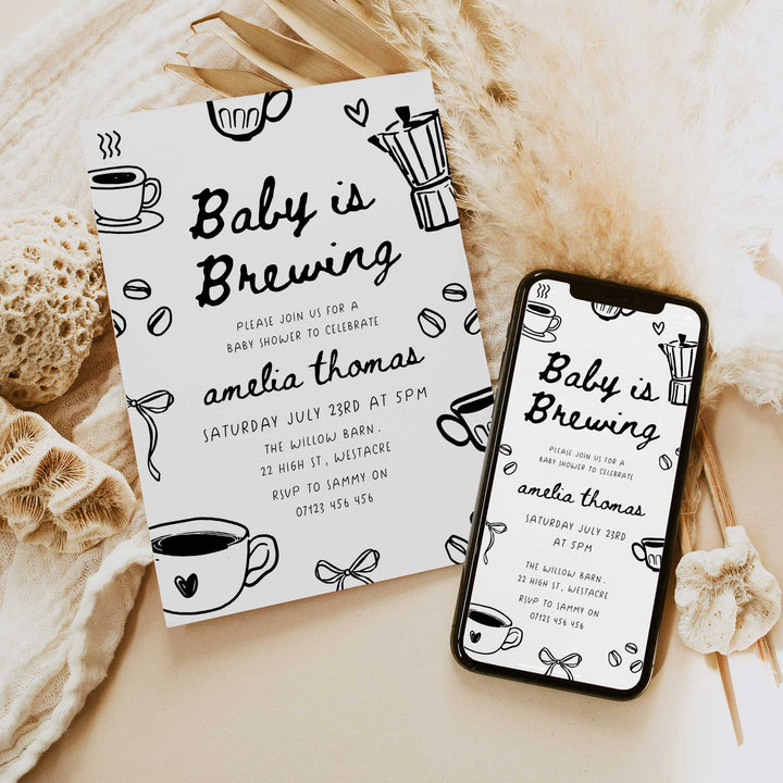 Black Doodle Style Baby Is Brewing Baby Shower Invitation