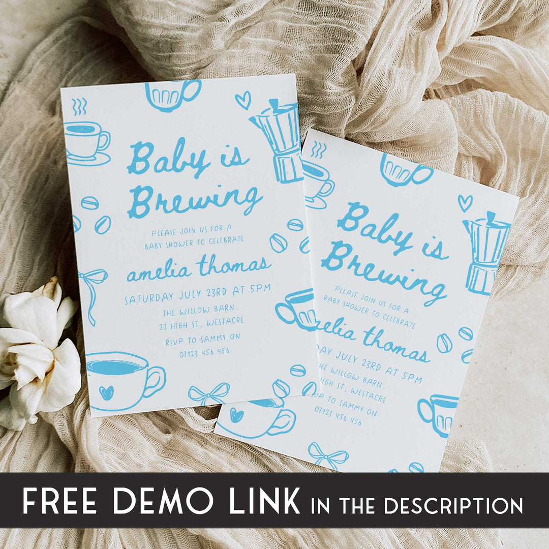 Blue Doodle Style Baby Is Brewing Baby Shower Invitation