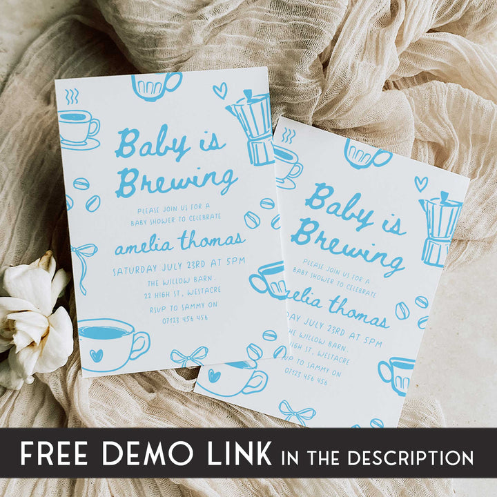 Blue Doodle Style Baby Is Brewing Baby Shower Invitation