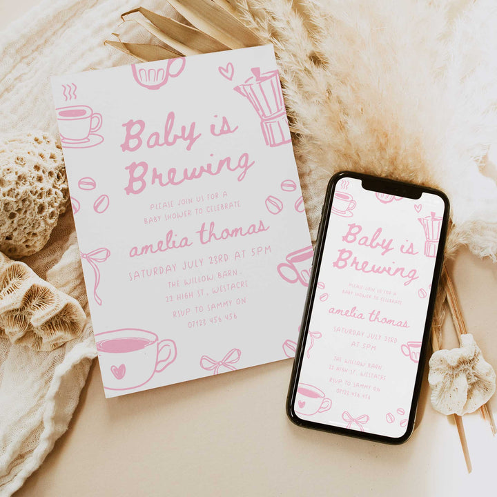 Pink Doodle Style Baby Is Brewing Baby Shower Invitation