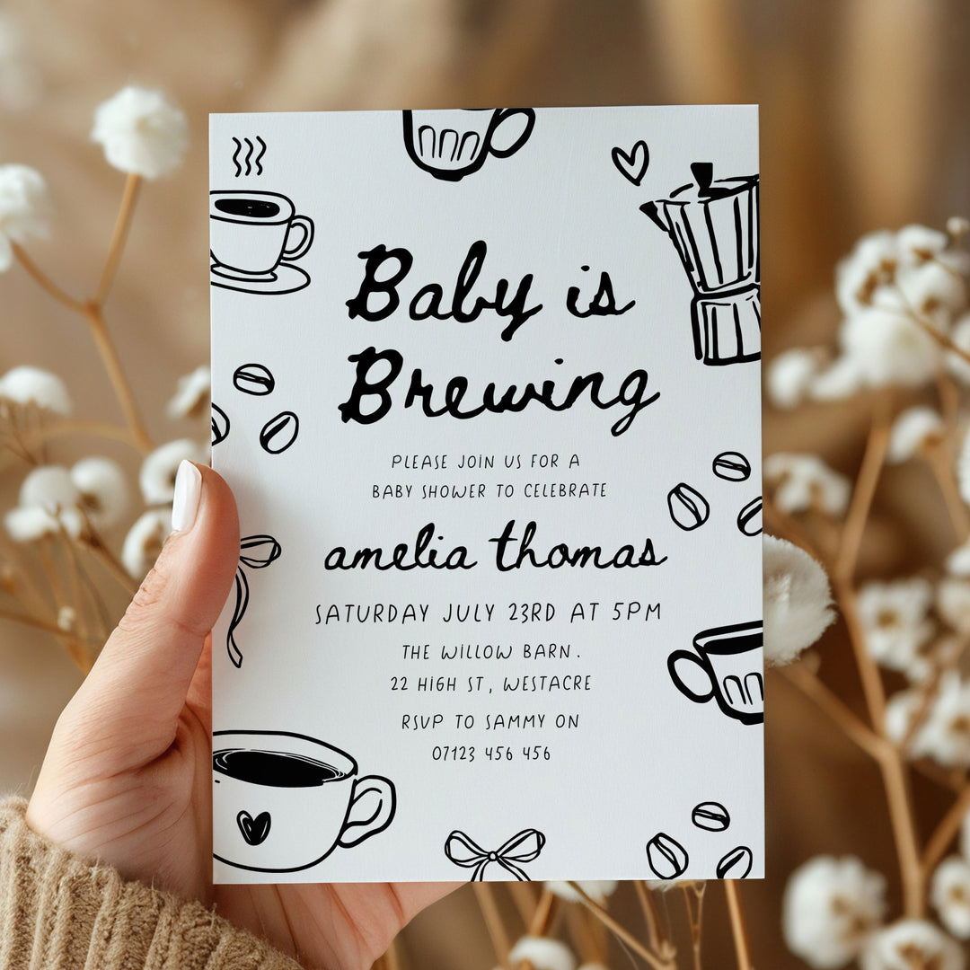 Black Doodle Style Baby Is Brewing Baby Shower Invitation