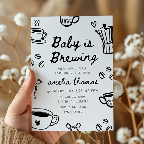 Black Doodle Style Baby Is Brewing Baby Shower Invitation