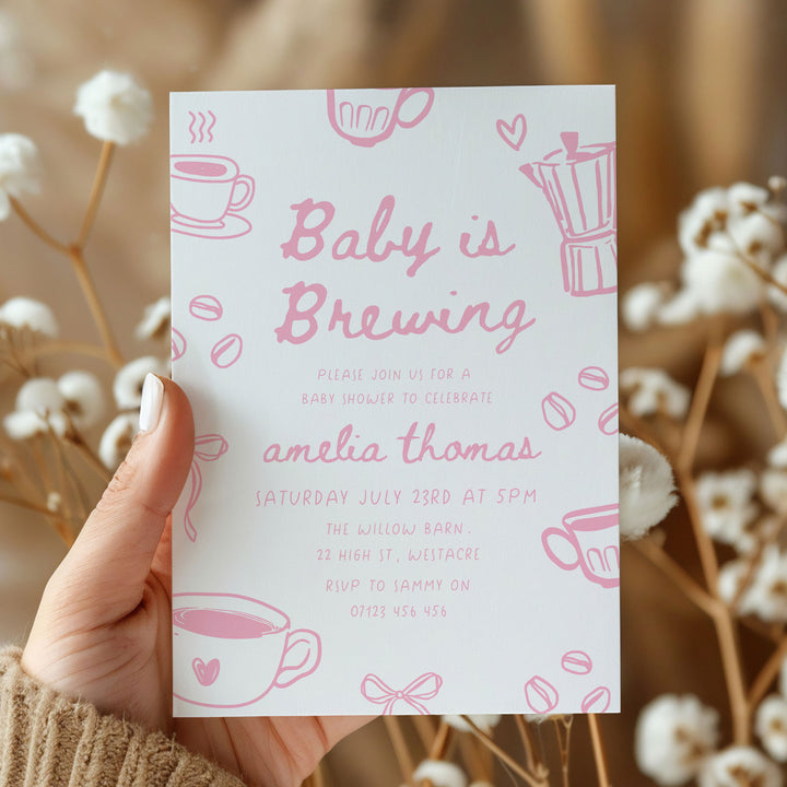 Pink Doodle Style Baby Is Brewing Baby Shower Invitation