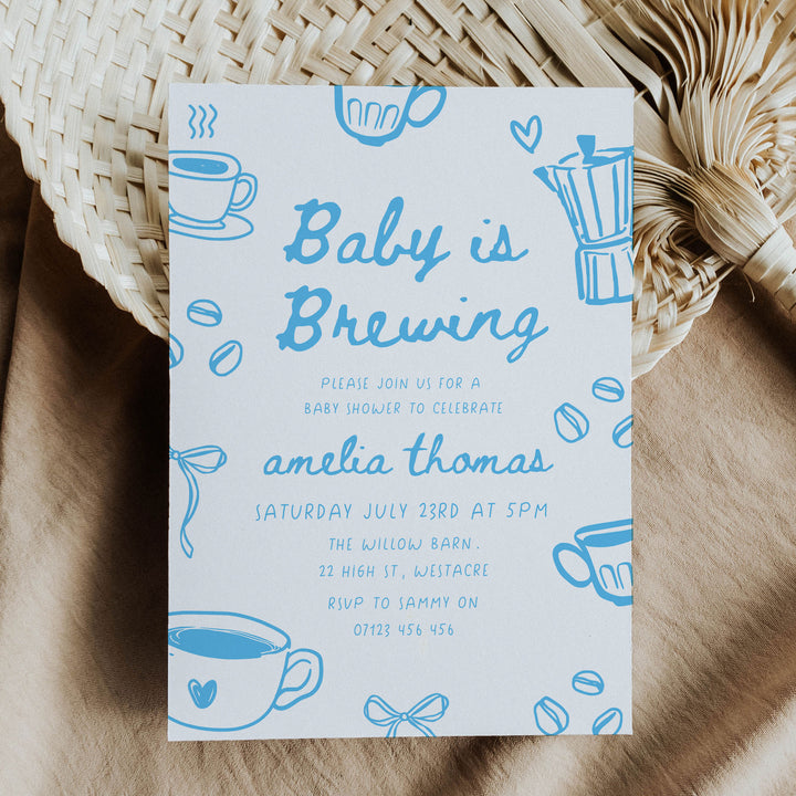 Blue Doodle Style Baby Is Brewing Baby Shower Invitation
