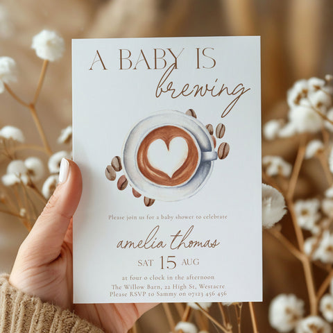 A Baby Is Brewing Heart Coffee Baby Shower Invitation