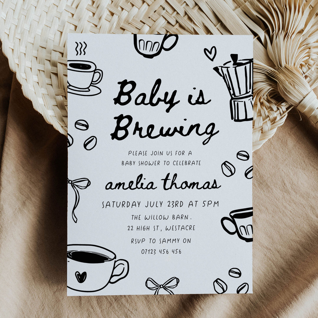 Black Doodle Style Baby Is Brewing Baby Shower Invitation