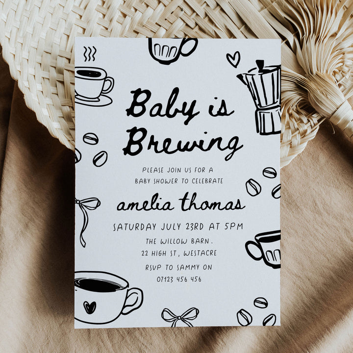Black Doodle Style Baby Is Brewing Baby Shower Invitation