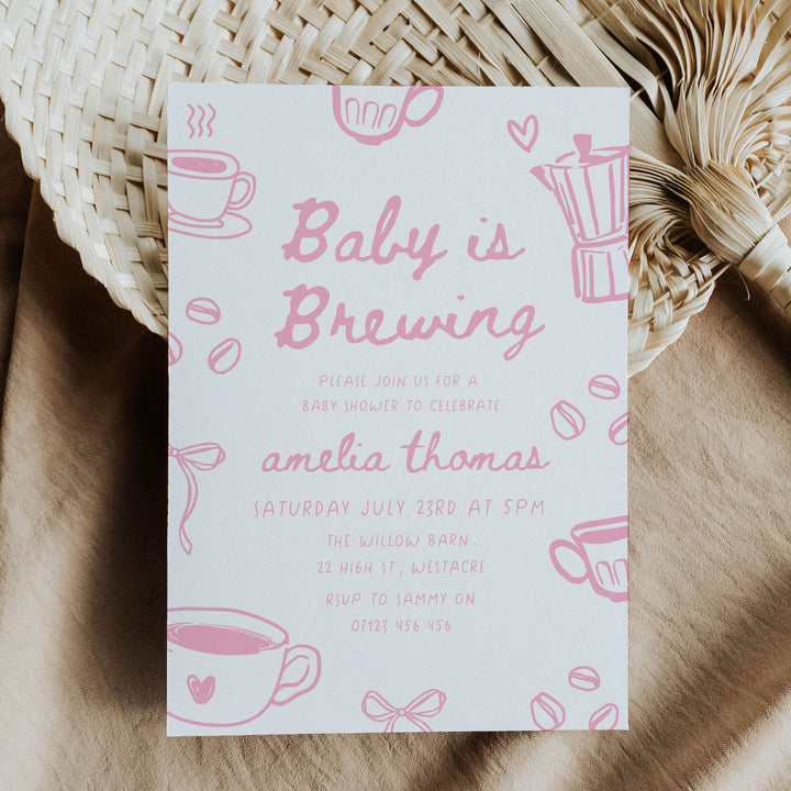Pink Doodle Style Baby Is Brewing Baby Shower Invitation