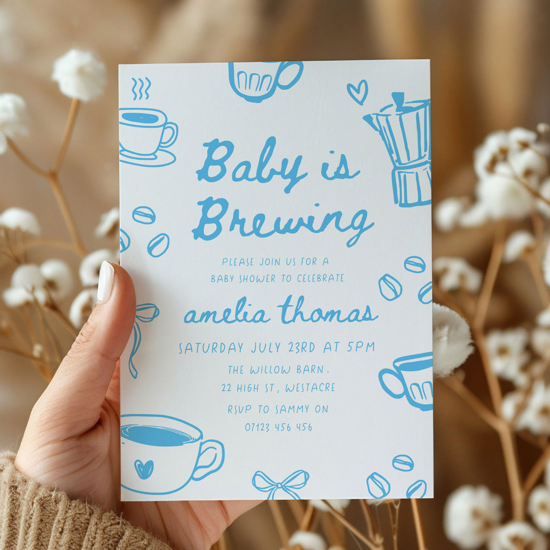 Blue Doodle Style Baby Is Brewing Baby Shower Invitation