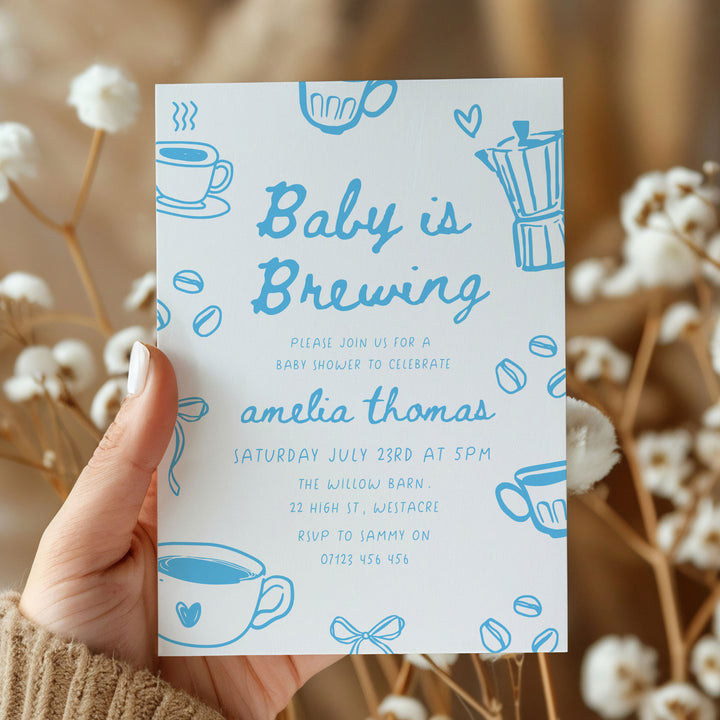 Blue Doodle Style Baby Is Brewing Baby Shower Invitation