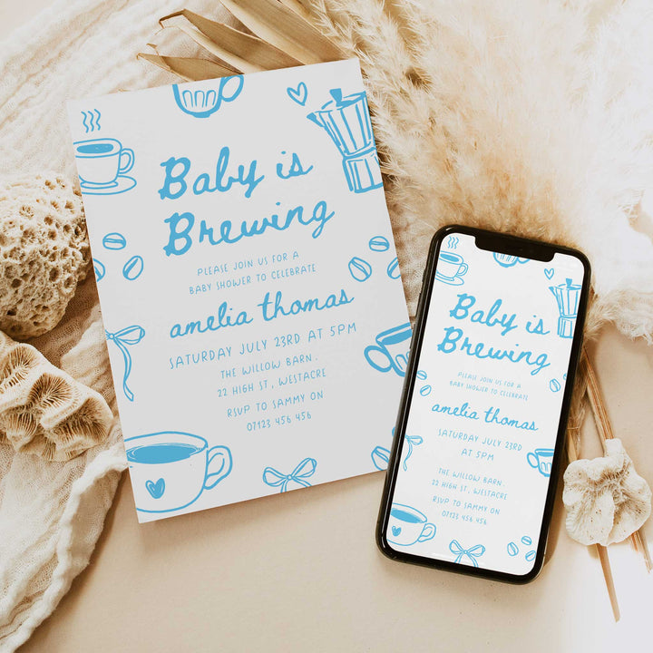 Blue Doodle Style Baby Is Brewing Baby Shower Invitation