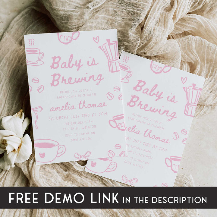 Pink Doodle Style Baby Is Brewing Baby Shower Invitation