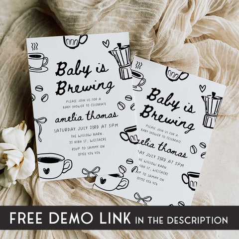 Black Doodle Style Baby Is Brewing Baby Shower Invitation