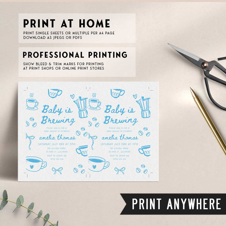 Blue Doodle Style Baby Is Brewing Baby Shower Invitation