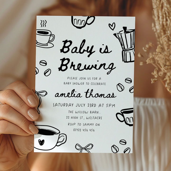 Black Doodle Style Baby Is Brewing Baby Shower Invitation