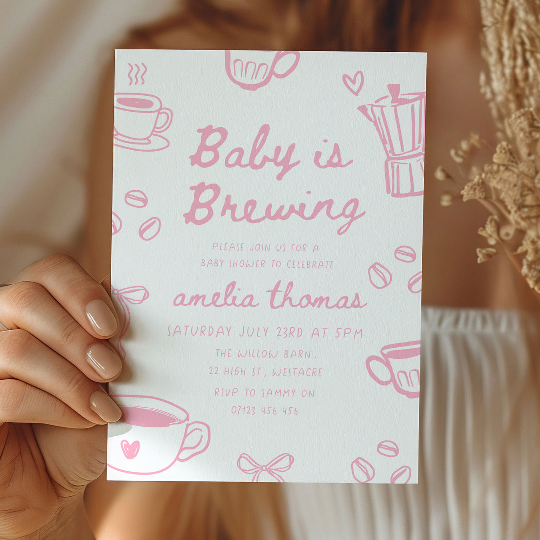 Pink Doodle Style Baby Is Brewing Baby Shower Invitation