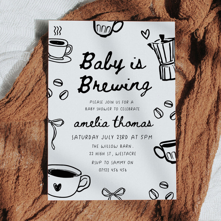 Black Doodle Style Baby Is Brewing Baby Shower Invitation