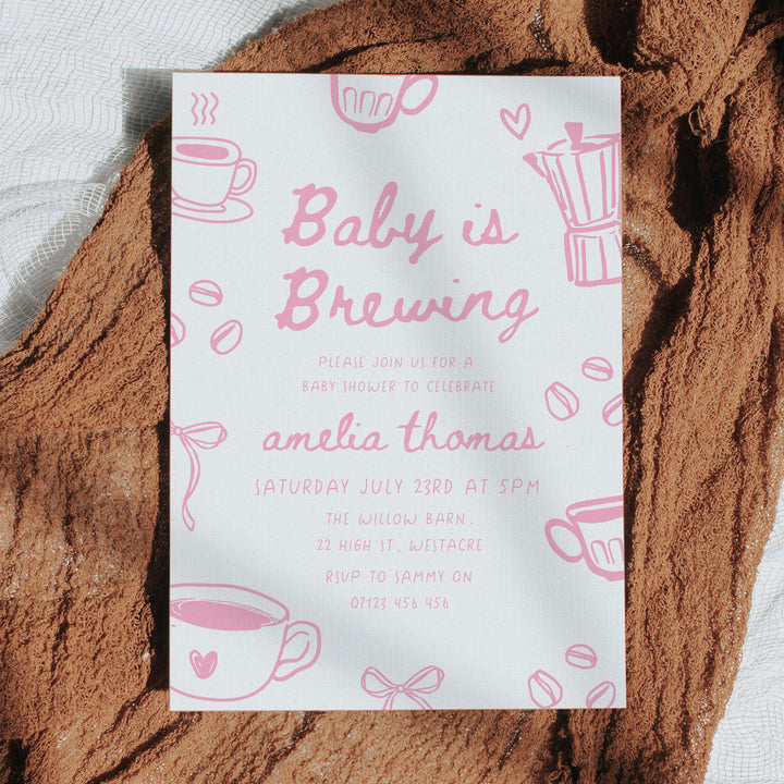 Pink Doodle Style Baby Is Brewing Baby Shower Invitation