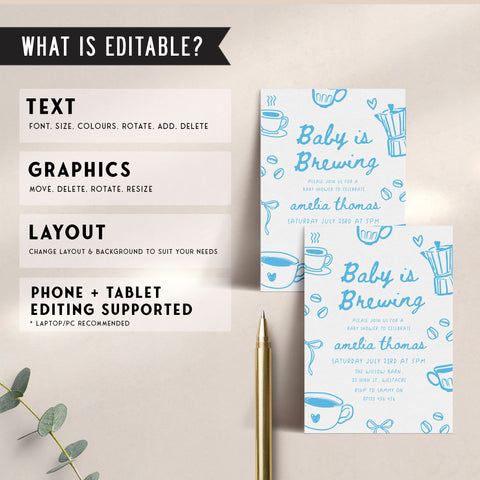 Blue Doodle Style Baby Is Brewing Baby Shower Invitation