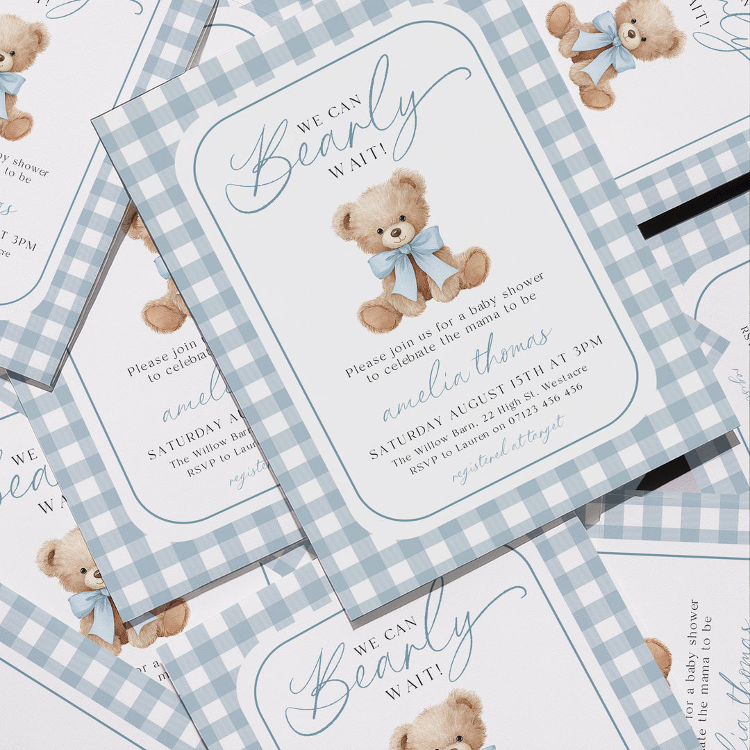 We Can Bearly Wait Blue Invitation Set