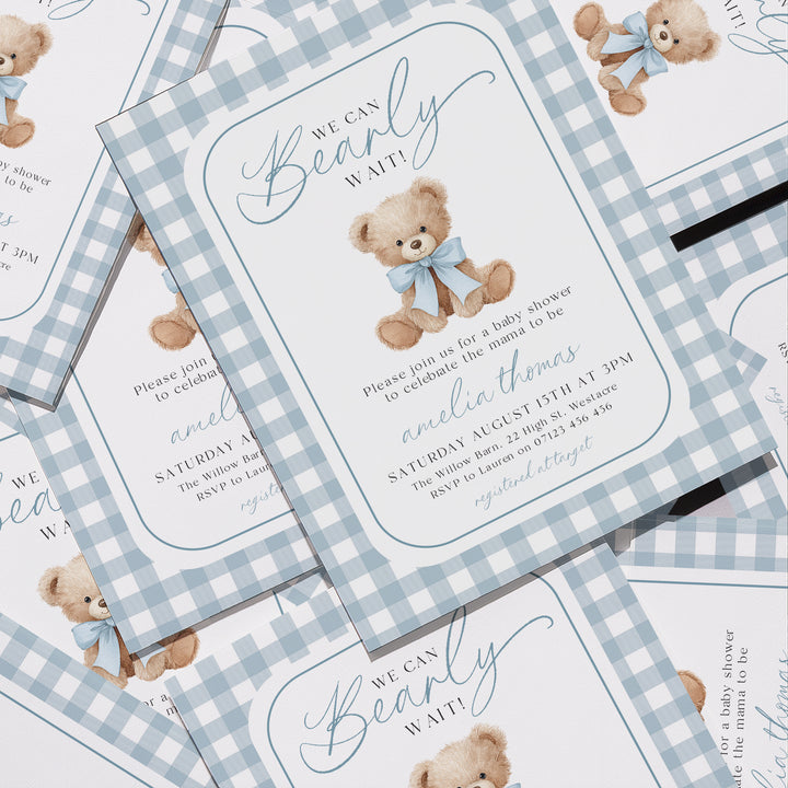 We Can Bearly Wait Blue Invitation Set
