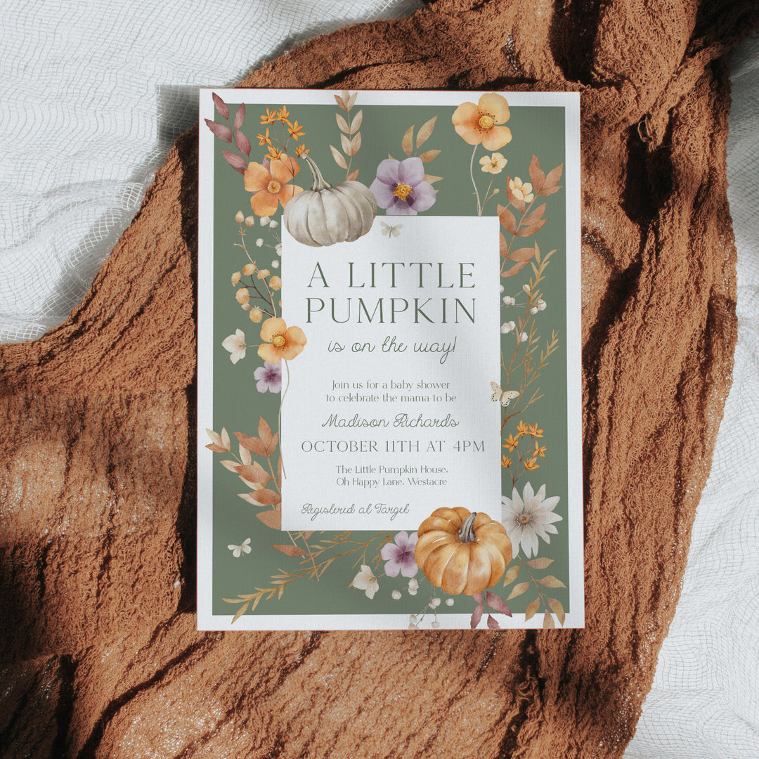 Autumn Block Floral Baby Shower Invitation Set editable in Canva