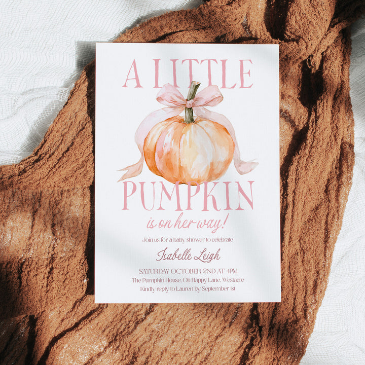 Pink Bow Little Pumpkin Baby Shower Invitation editable in Canva