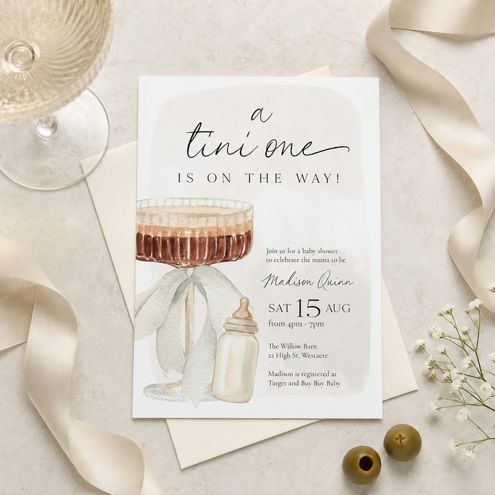 A Tine One Baby Shower Watercolour Invitation editable in Canva template