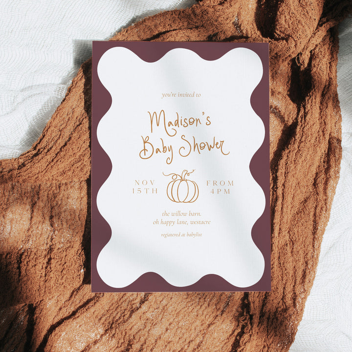 Pumpkin Purple Wavy Baby Shower Invitation editablr canva template