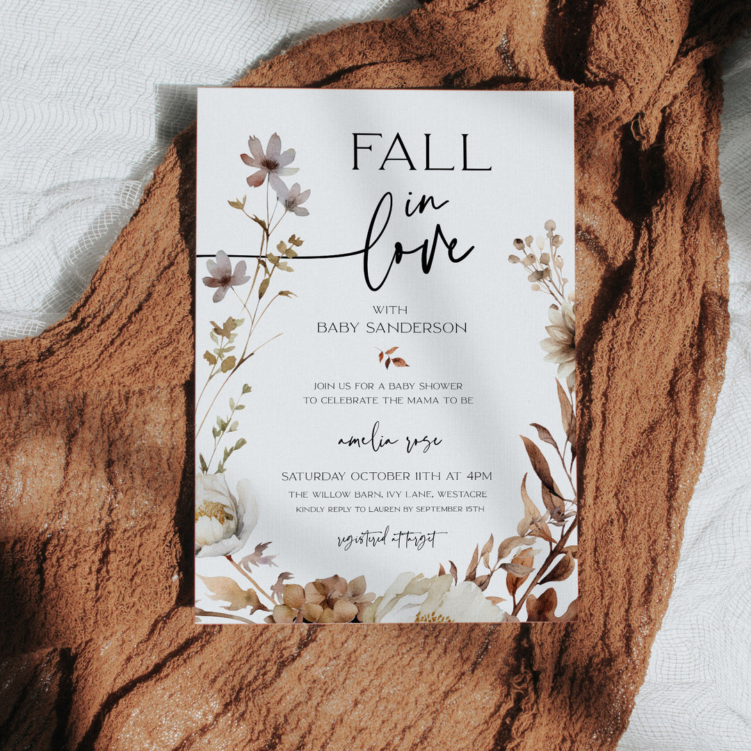 Fall in Love Wreath Baby Shower Invitation editable template in Canva