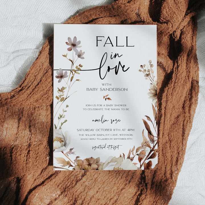 Fall in Love Wreath Baby Shower Invitation editable template in Canva