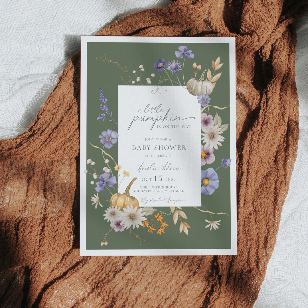 White Autumn Block Floral Baby Shower Invitation editable template in Canva