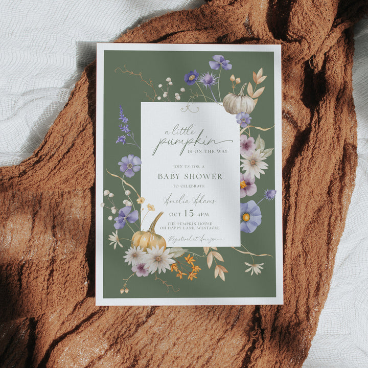 White Autumn Block Floral Baby Shower Invitation editable template in Canva