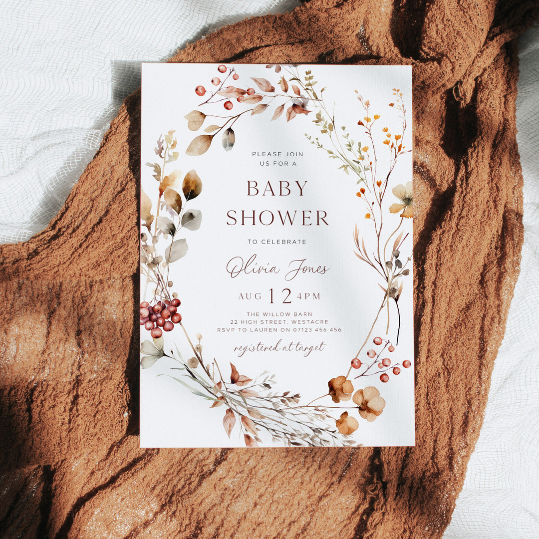 Fall WreathBaby Shower Invitation editable template in Cava
