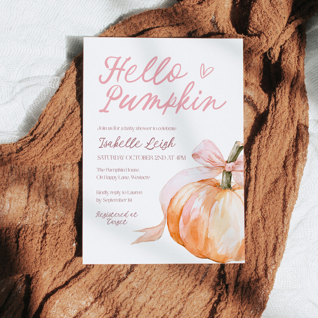 Pink Bow Hello Pumpkin Baby Shower Invitation editable template in Canva